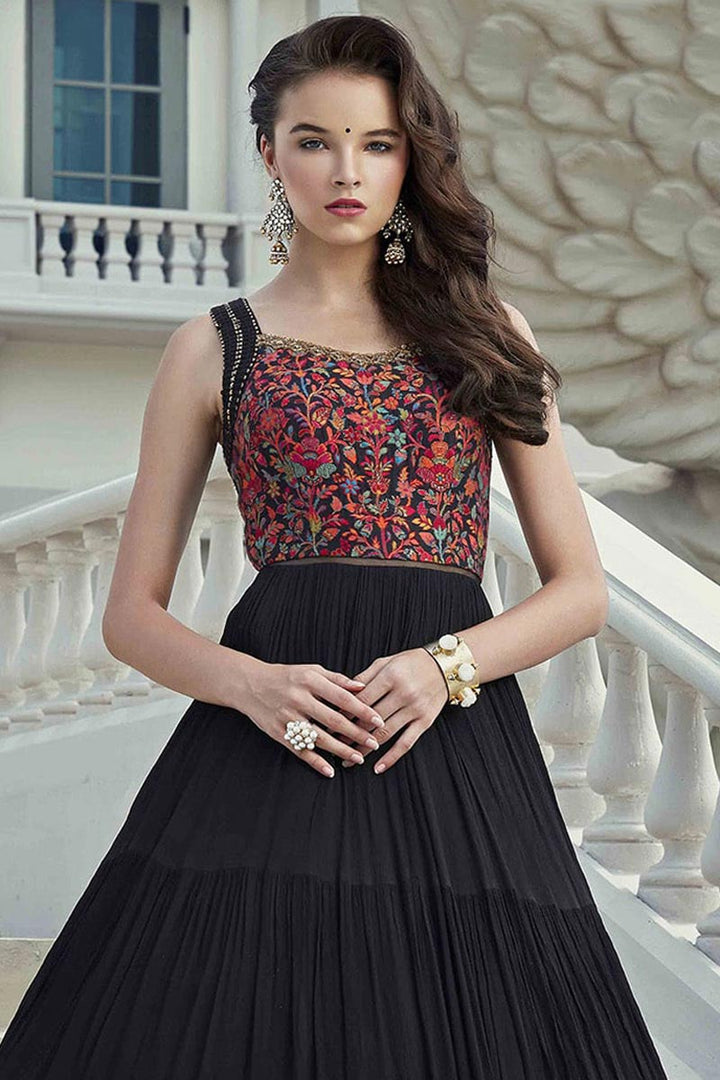 Black Color Function Wear Georgette Fabric Readymade Anarkali Dress
