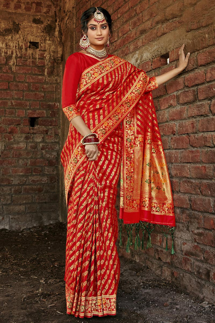Art Silk Party Wear Red Color Weaving Work Saree