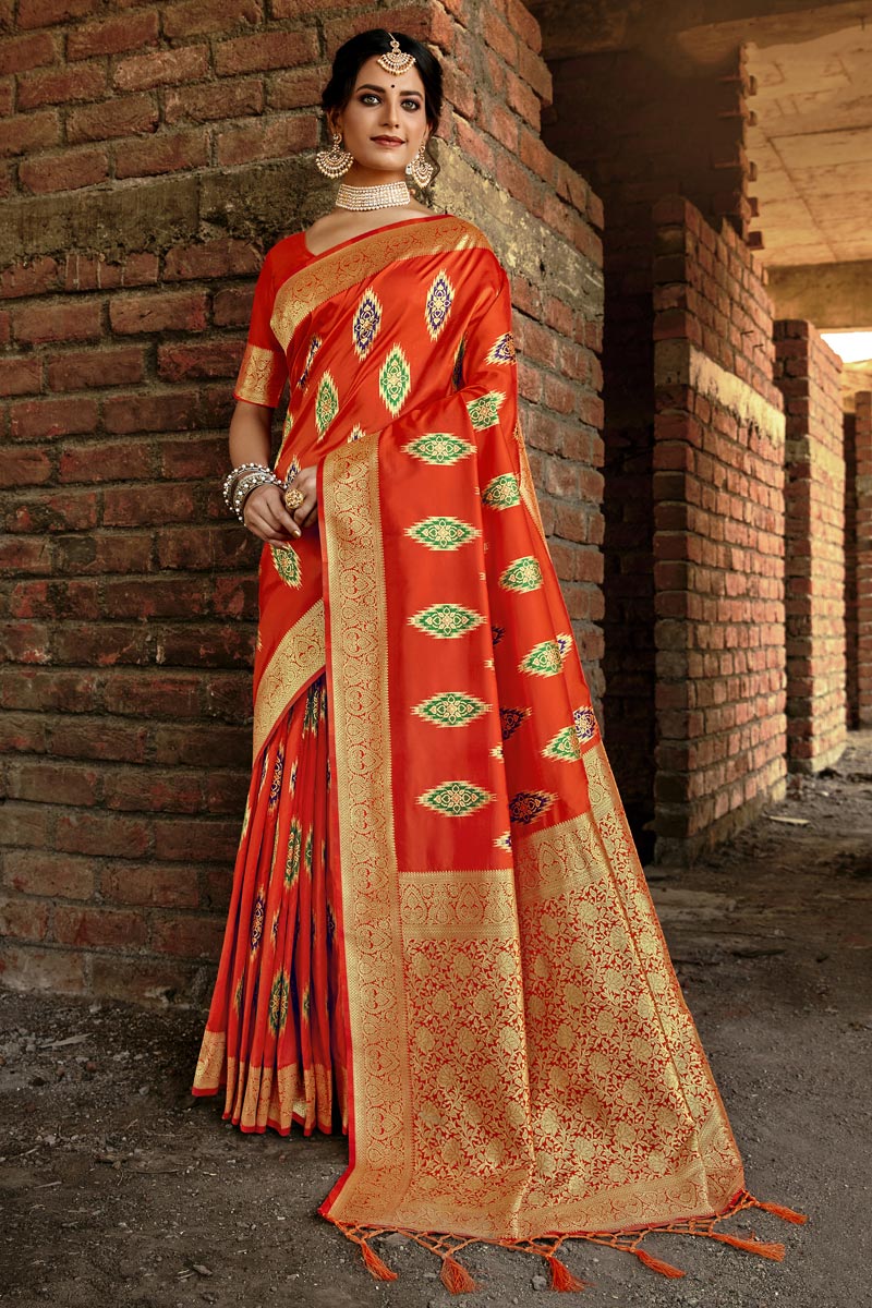 Art Silk Party Wear Orange Color Weaving Work Saree