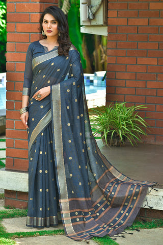 Grey Casual Wear Weaving Work Cotton Saree