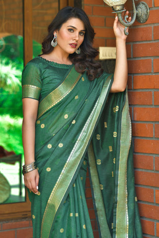 Weaving Work Casual Wear Cotton Saree In Dark Green Color