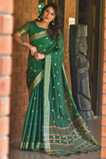Load image into Gallery viewer, Weaving Work Casual Wear Cotton Saree In Dark Green Color
