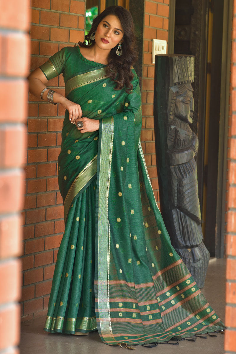 Weaving Work Casual Wear Cotton Saree In Dark Green Color