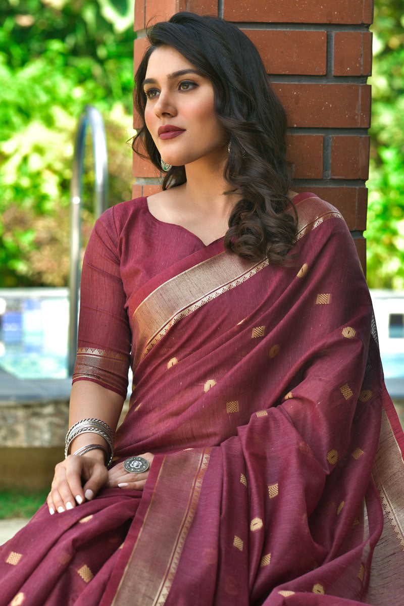 Weaving Work Casual Wear Cotton Saree In Maroon Color