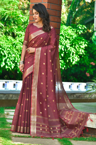 Weaving Work Casual Wear Cotton Saree In Maroon Color