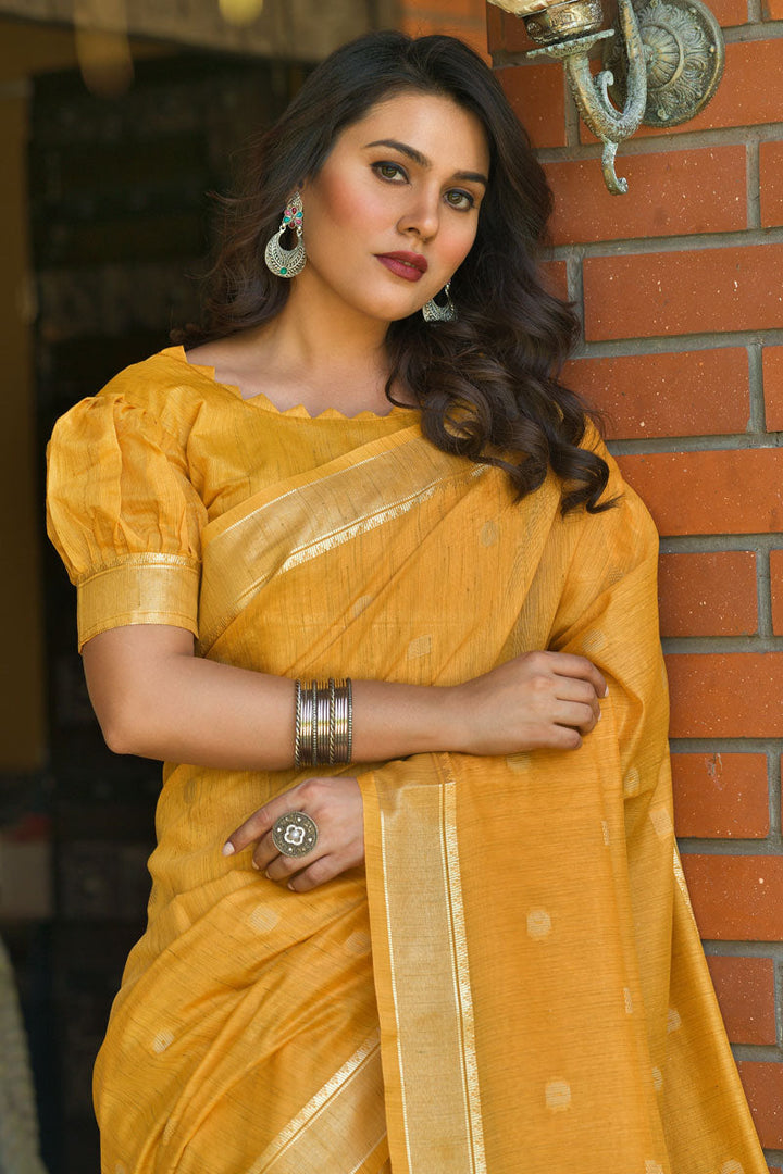 Mustard Casual Wear Weaving Work Cotton Saree