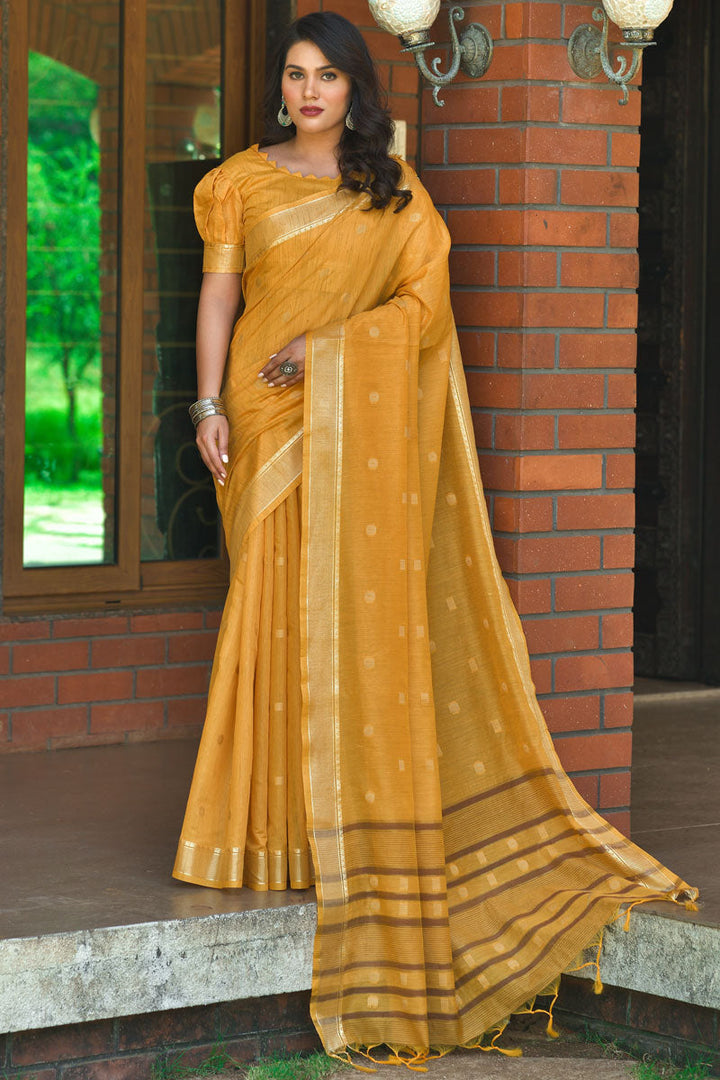 Mustard Casual Wear Weaving Work Cotton Saree