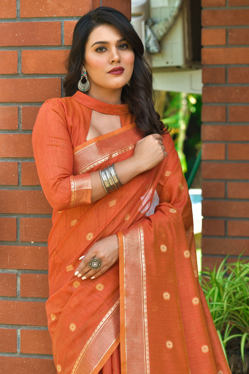 Orange Casual Wear Weaving Work Cotton Saree