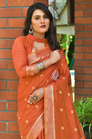 Orange Casual Wear Weaving Work Cotton Saree