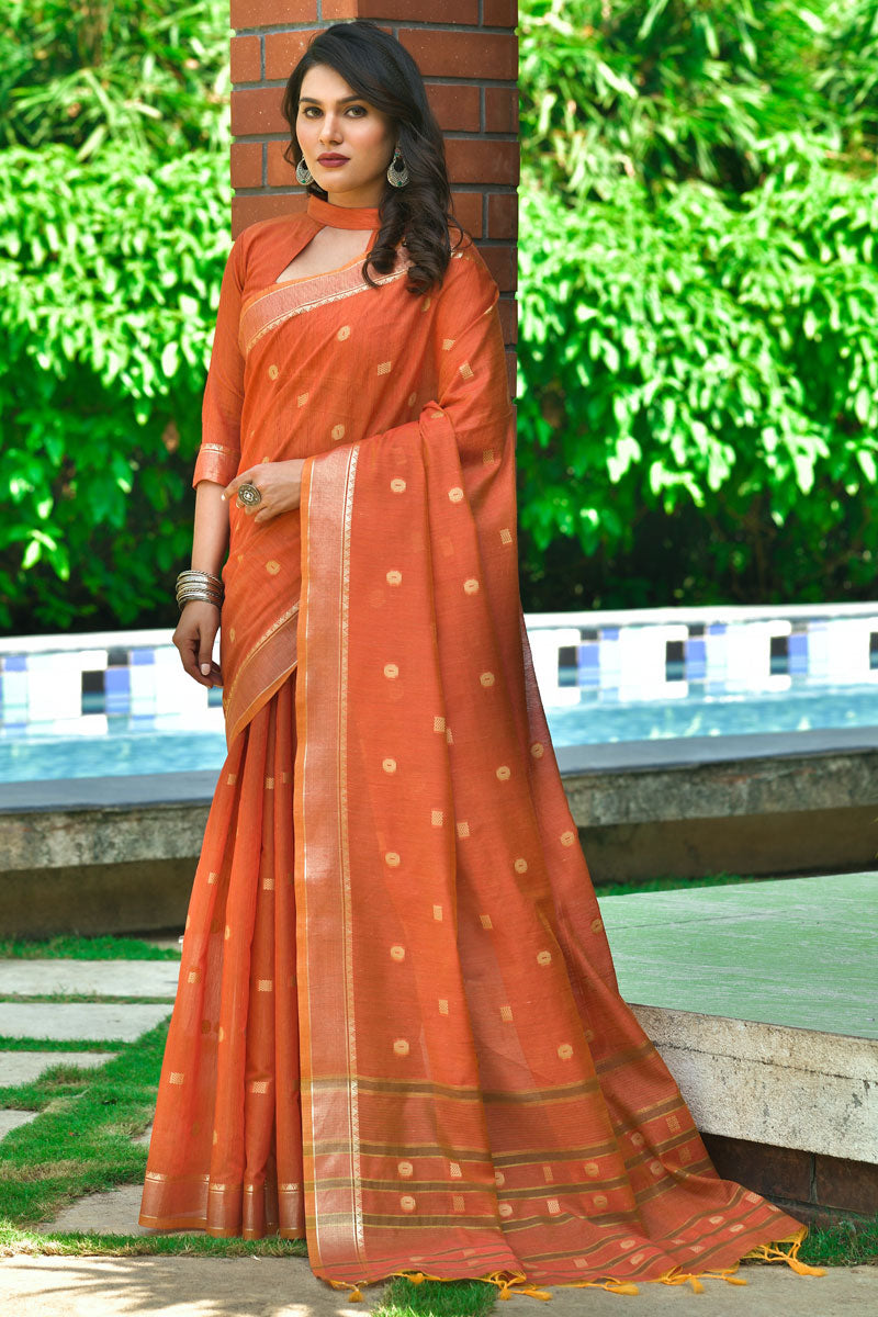 Orange Casual Wear Weaving Work Cotton Saree