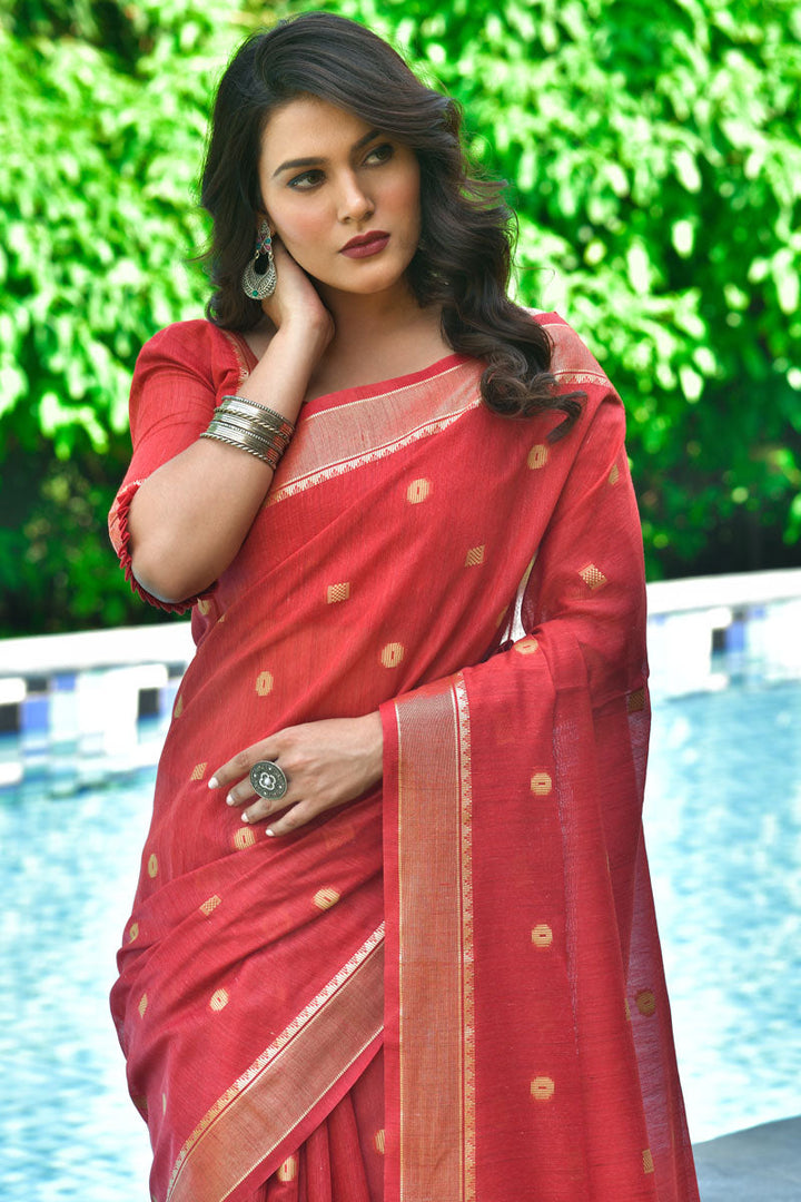 Weaving Work Red Casual Wear Cotton Saree