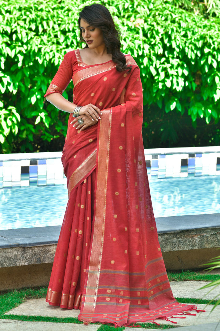 Weaving Work Red Casual Wear Cotton Saree