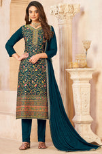 Load image into Gallery viewer, Teal Color Jacquard Work Pure Dola Pant Style Suit
