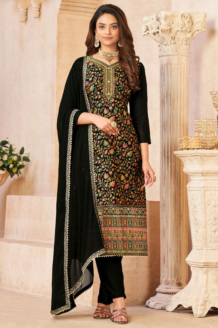 Black Color Pure Dola Jacquard Work Straight Salwar Suit