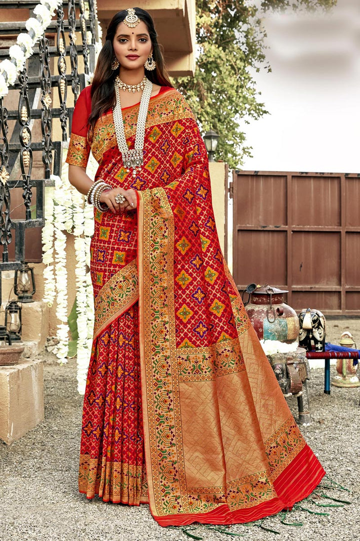Red Color Banarasi Silk Fancy Reception Wear Patola Style Saree