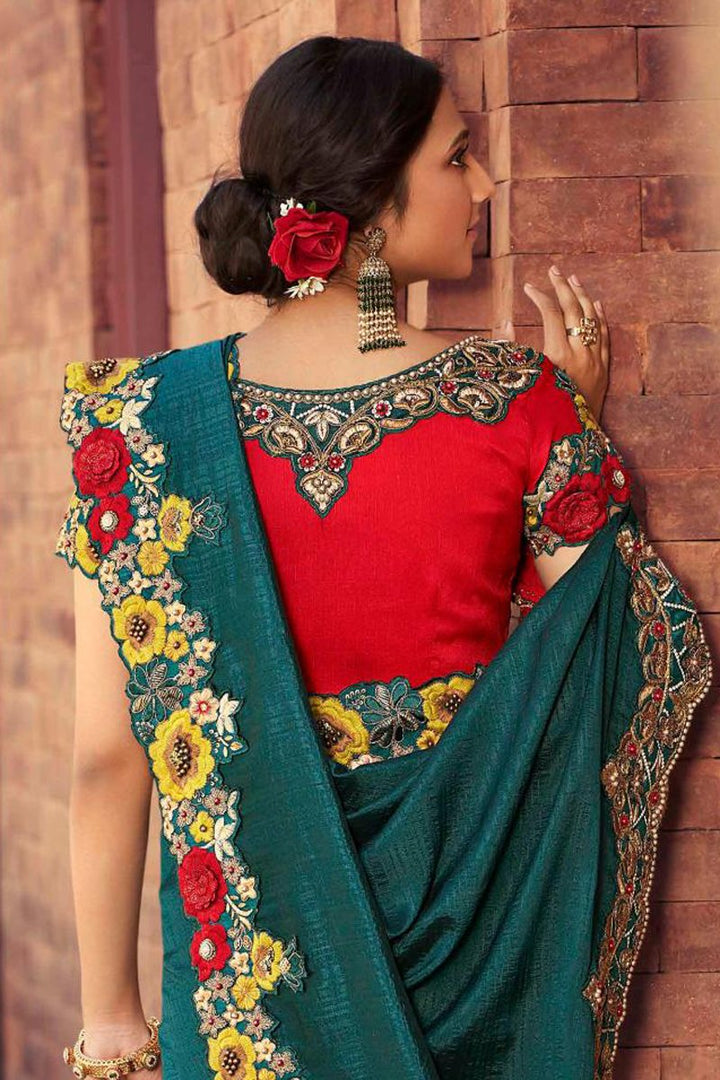 Teal Color Wedding Wear Designer Fancy Fabric Embroidered Saree