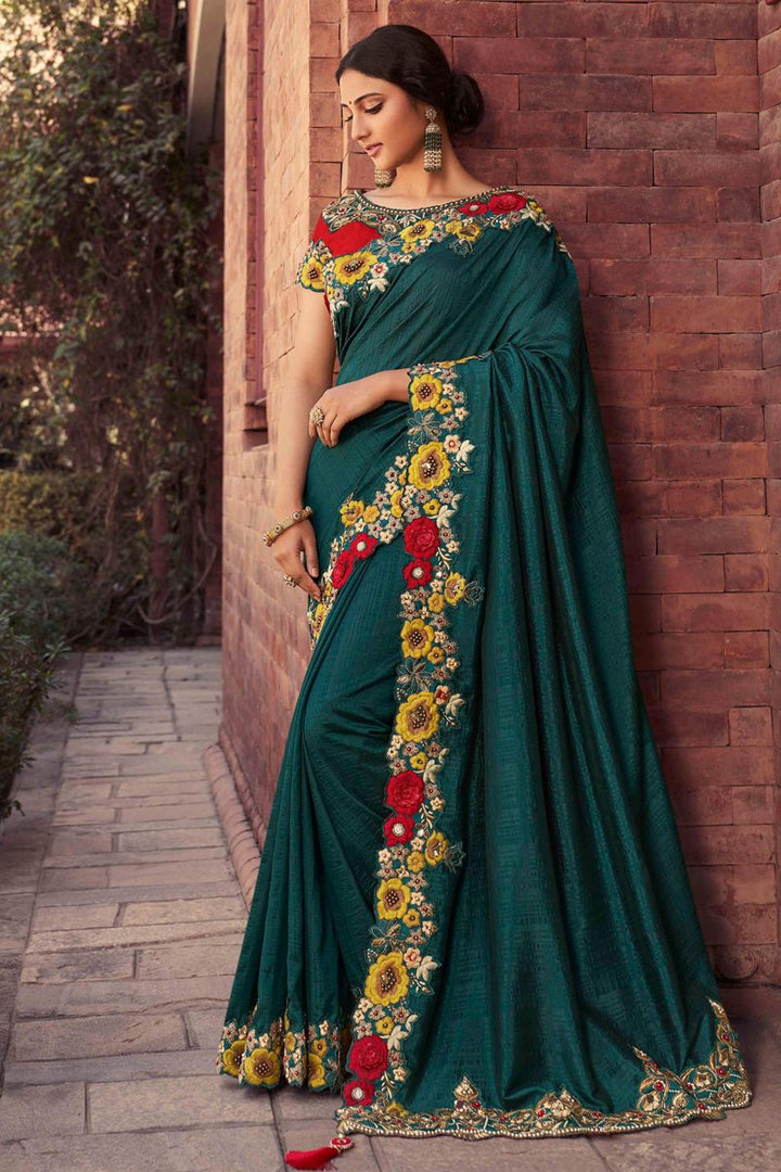 Teal Color Wedding Wear Designer Fancy Fabric Embroidered Saree