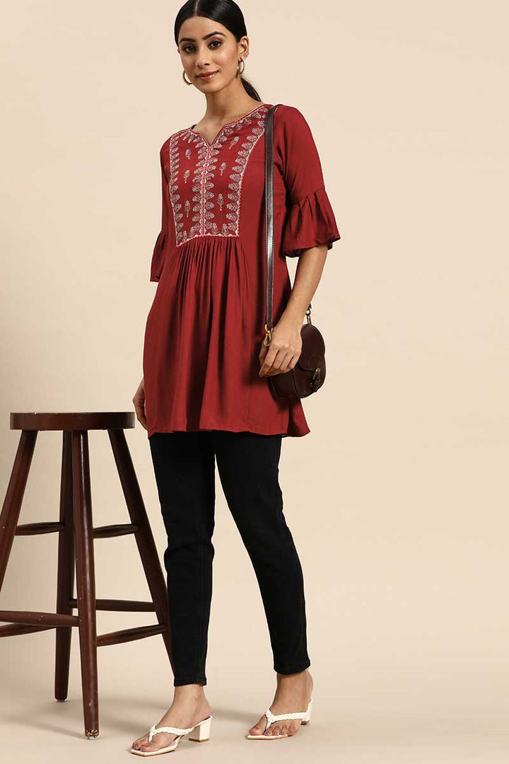 Rayon Fabric Red Color Casual Look Pleasance Kurti