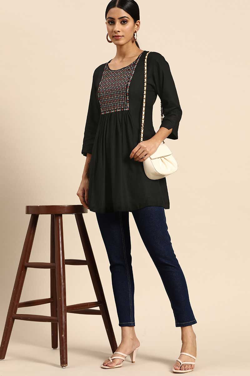 Rayon Fabric Black Color Casual Look Intriguing Kurti