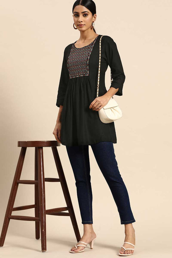 Rayon Fabric Black Color Casual Look Intriguing Kurti