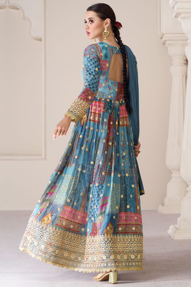 Eugeniya Belousova Beguiling Blue Color Organza Fabric Readymade Anarkali Suit