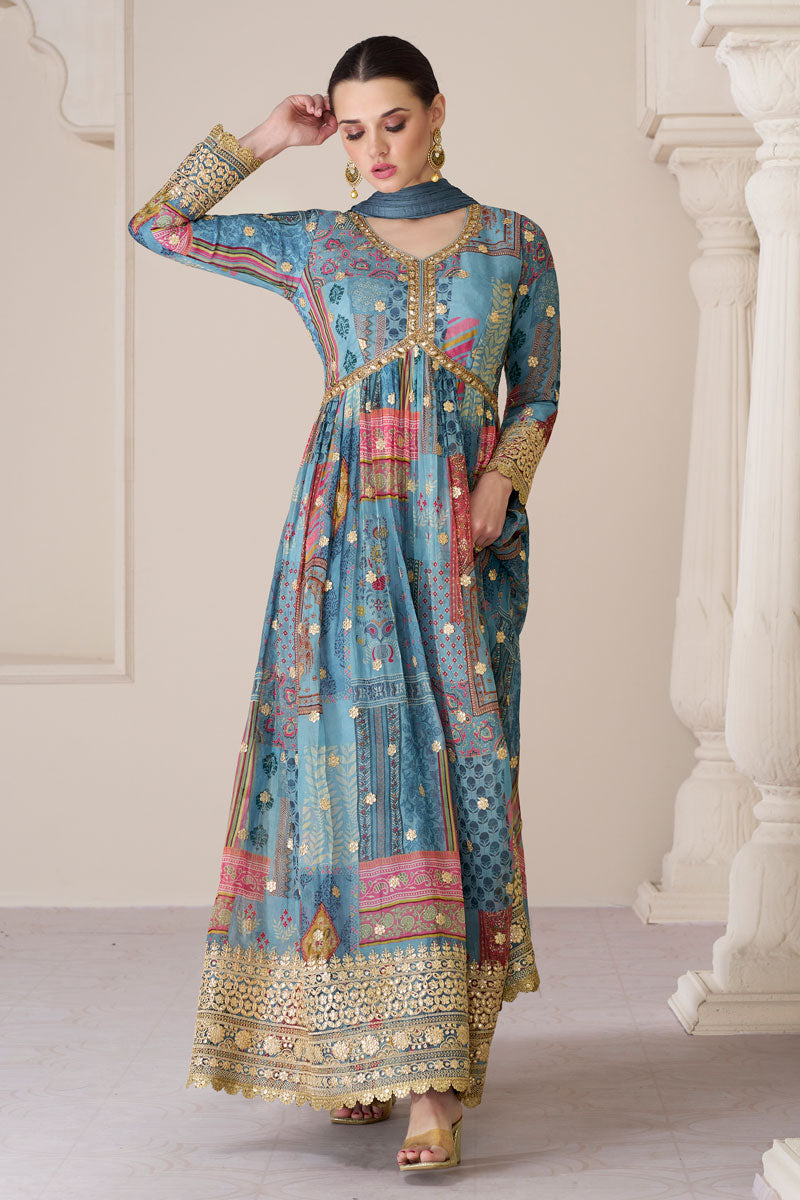 Eugeniya Belousova Beguiling Blue Color Organza Fabric Readymade Anarkali Suit