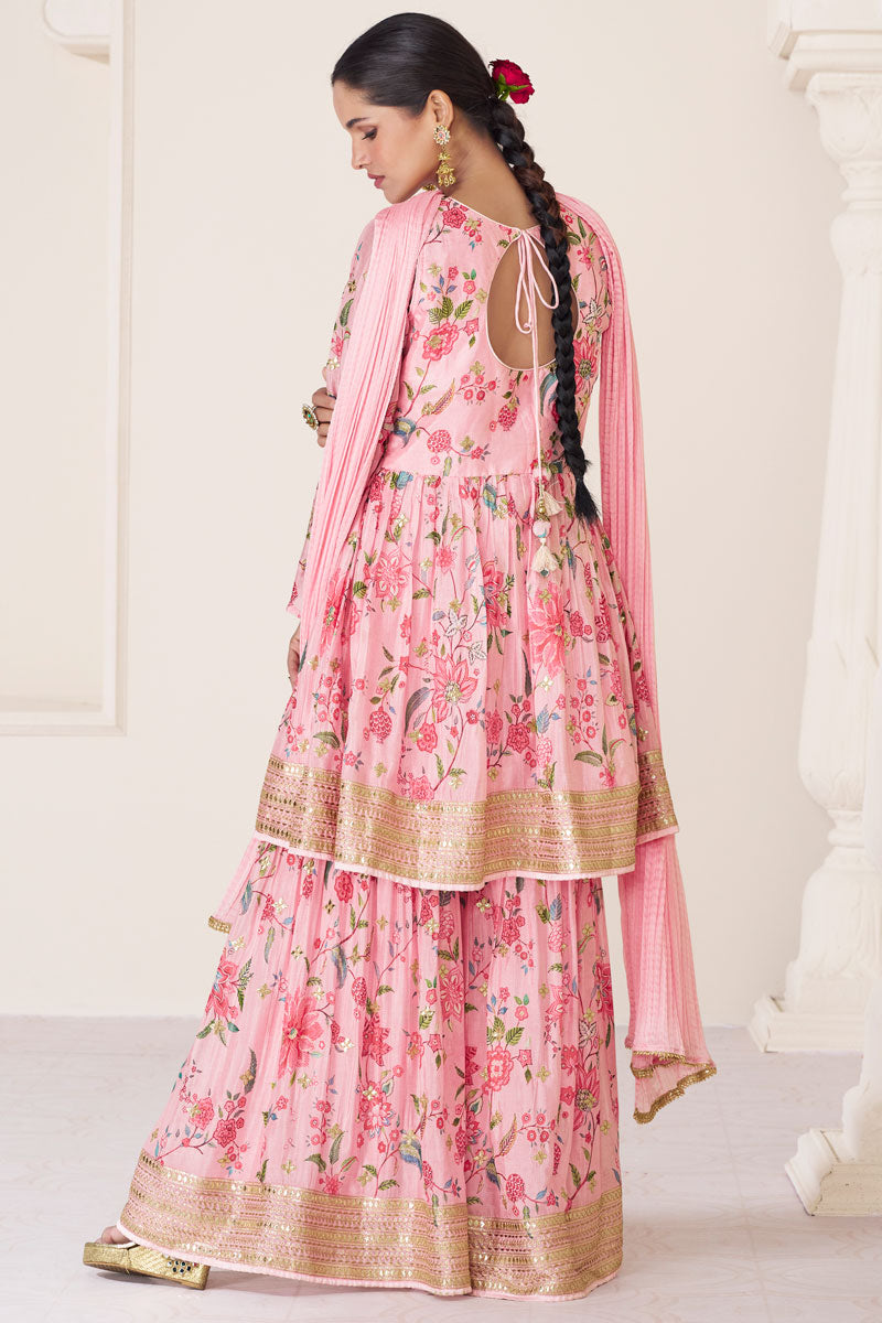 Vartika Singh Engaging Pink Color Organza Fabric Readymade Palazzo Suit