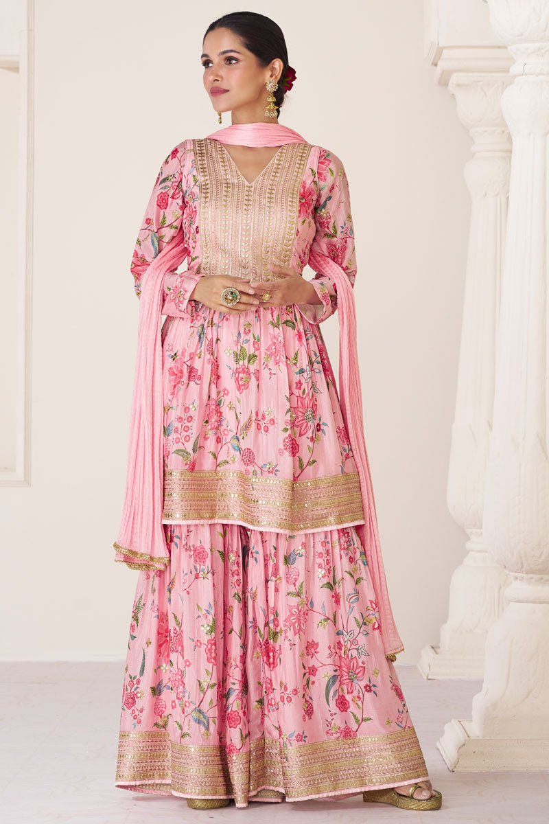 Vartika Singh Engaging Pink Color Organza Fabric Readymade Palazzo Suit