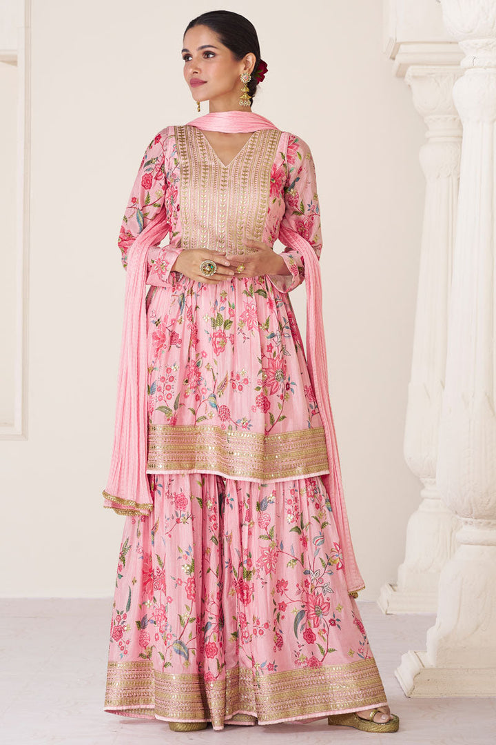 Vartika Singh Engaging Pink Color Organza Fabric Readymade Palazzo Suit