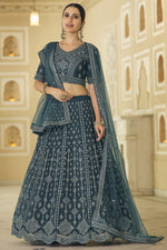 Load image into Gallery viewer, Teal Color Embroidered Work On Net Fabric Sangeet Wear Stunning Lehenga
