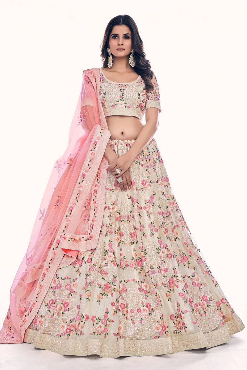 Creative Sequins Work Lehenga Choli In Off White Color Net Fabric