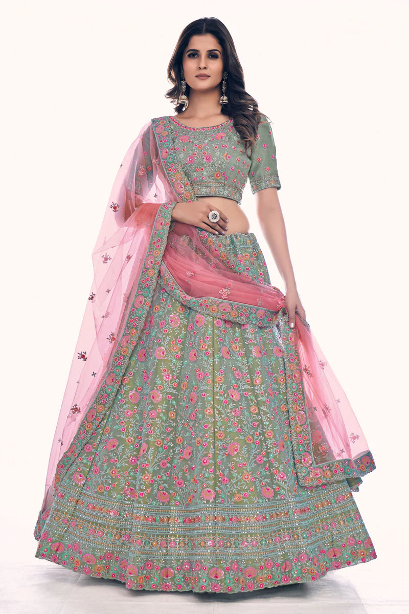 Excellent Net Fabric Olive Color Sequins Work Lehenga Choli