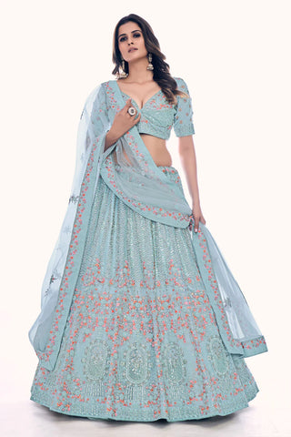 Incredible Net Fabric Cyan Color Sequins Work Lehenga Choli