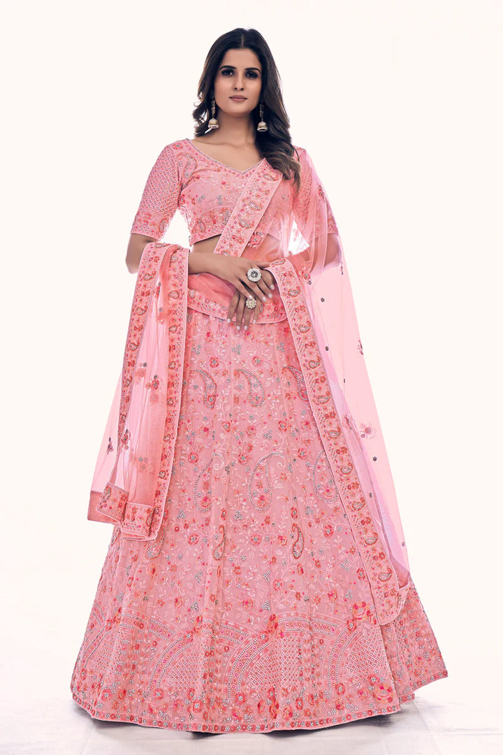 Dazzling Pink Color Sequins Work Lehenga Choli In Net Fabric