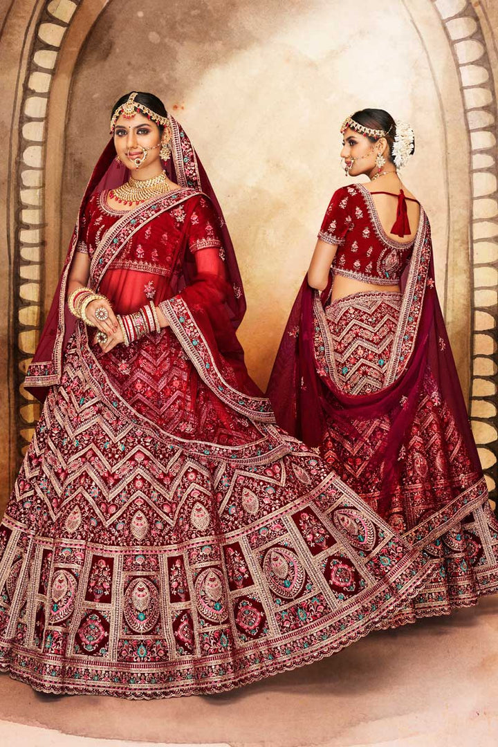 Velvet Fabric Maroon Color Elegant Wedding Look Bridal Lehenga