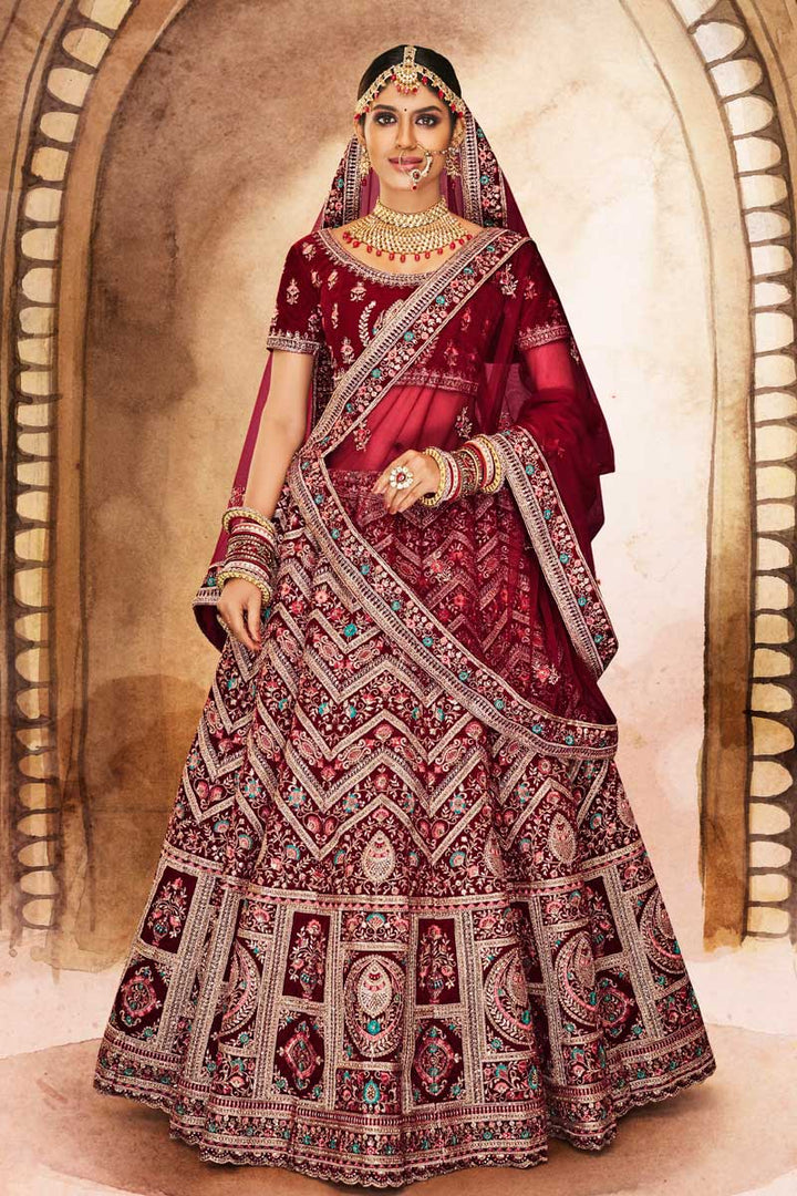 Velvet Fabric Maroon Color Elegant Wedding Look Bridal Lehenga
