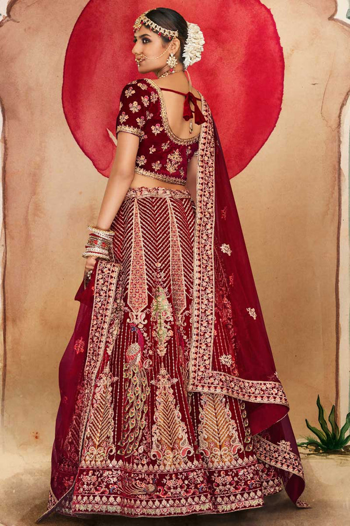 Maroon Color Velvet Fabric Ravishing Wedding Look Bridal Lehenga