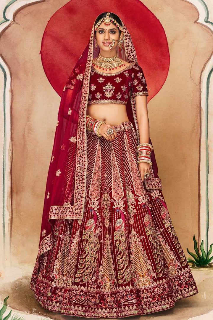 Maroon Color Velvet Fabric Ravishing Wedding Look Bridal Lehenga