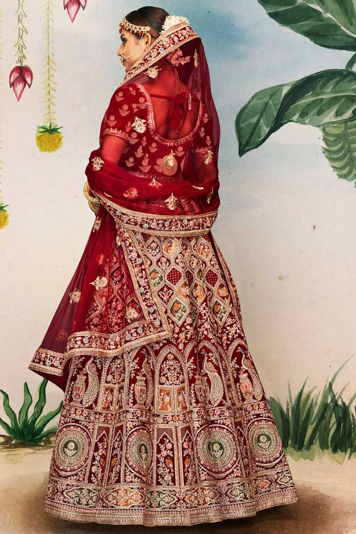 Maroon Color Velvet Fabric Enticing Wedding Look Bridal Lehenga