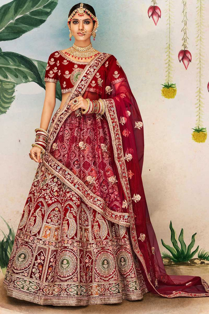 Maroon Color Velvet Fabric Enticing Wedding Look Bridal Lehenga