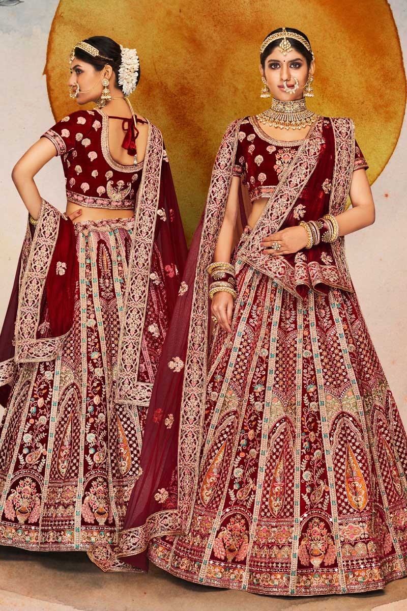 Velvet Fabric Maroon Color Fantastic Wedding Look Bridal Lehenga
