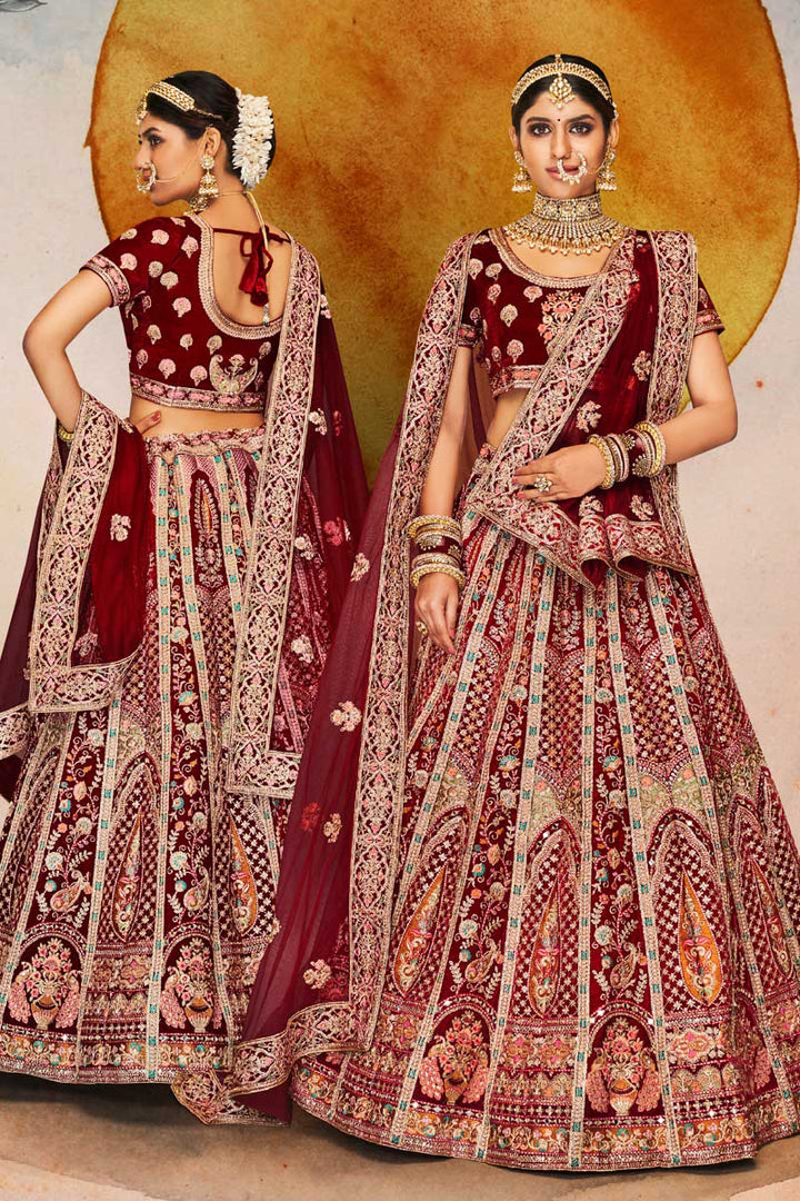 Velvet Fabric Maroon Color Fantastic Wedding Look Bridal Lehenga