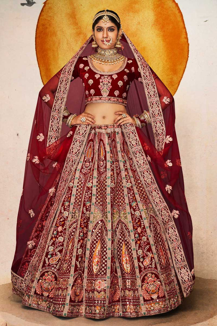 Velvet Fabric Maroon Color Fantastic Wedding Look Bridal Lehenga