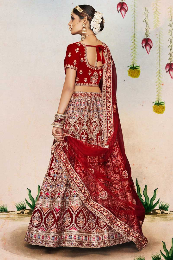 Velvet Fabric Maroon Color Graceful Wedding Look Bridal Lehenga