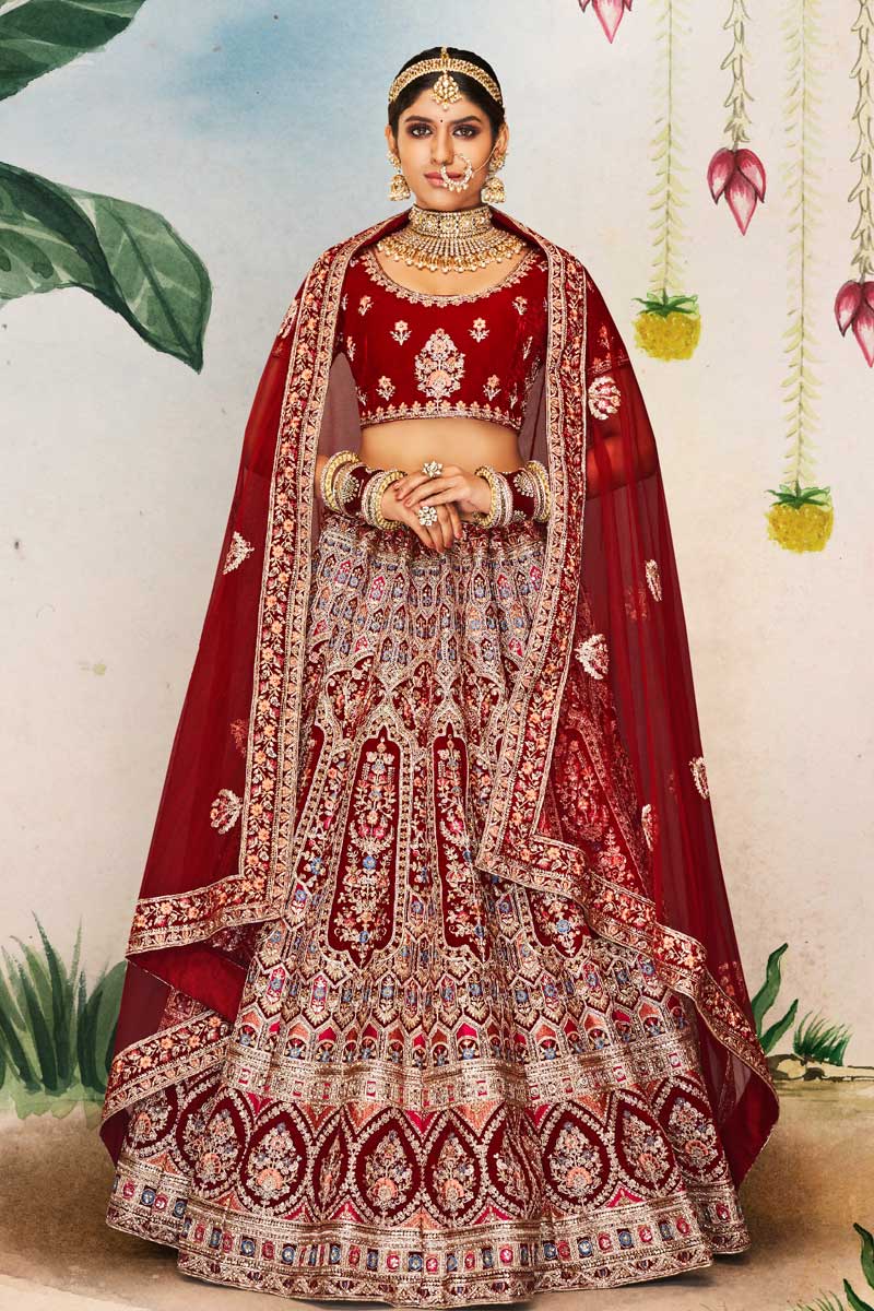 Velvet Fabric Maroon Color Graceful Wedding Look Bridal Lehenga