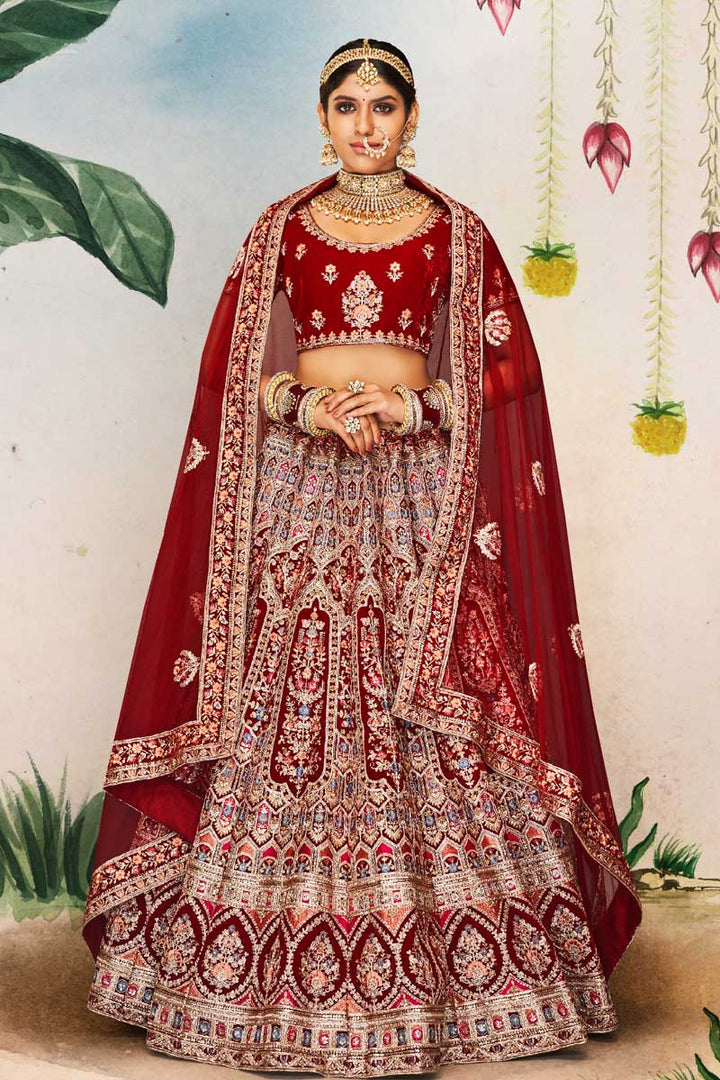 Velvet Fabric Maroon Color Graceful Wedding Look Bridal Lehenga