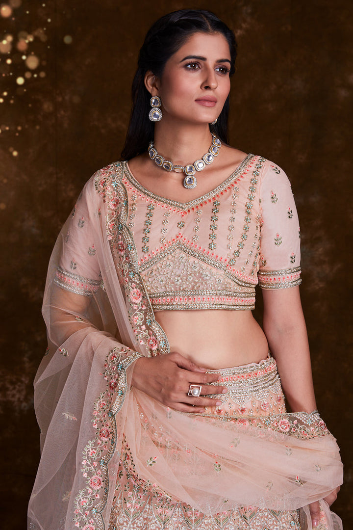 Peach Designer Wedding Lehenga With Embroidery Work On Net Fabric