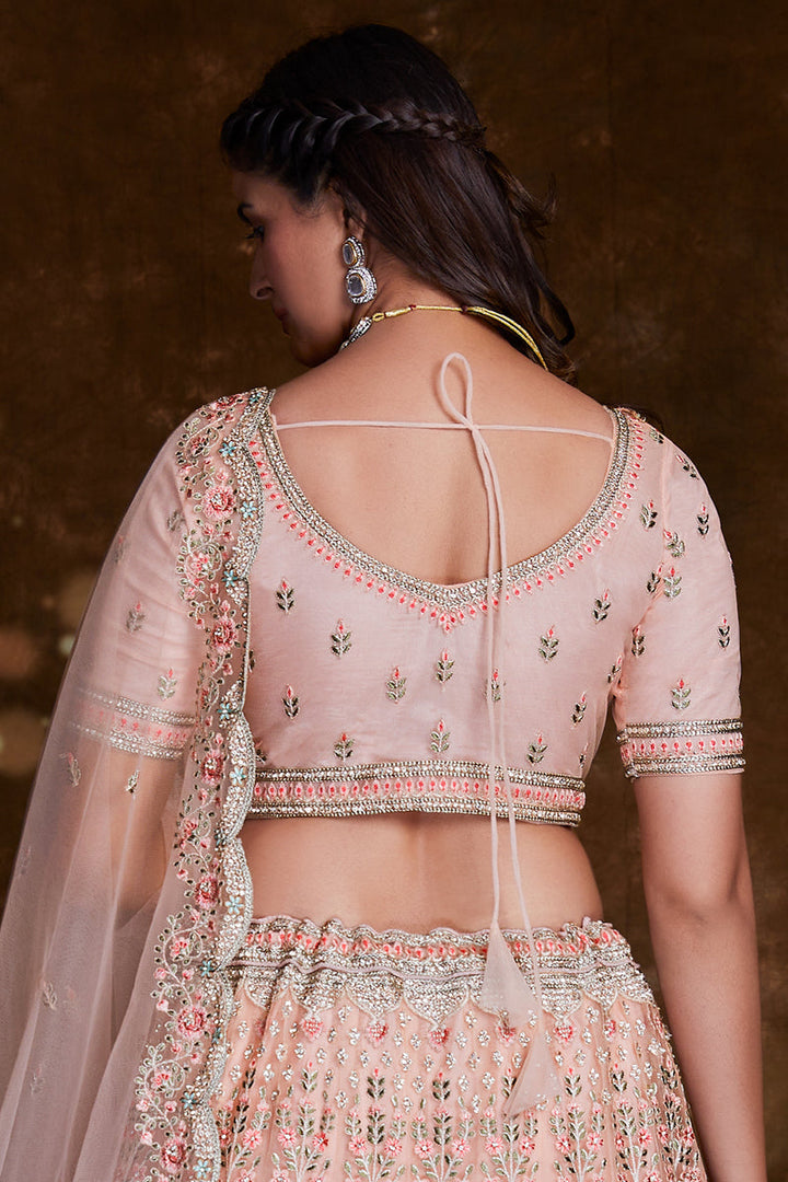 Peach Designer Wedding Lehenga With Embroidery Work On Net Fabric