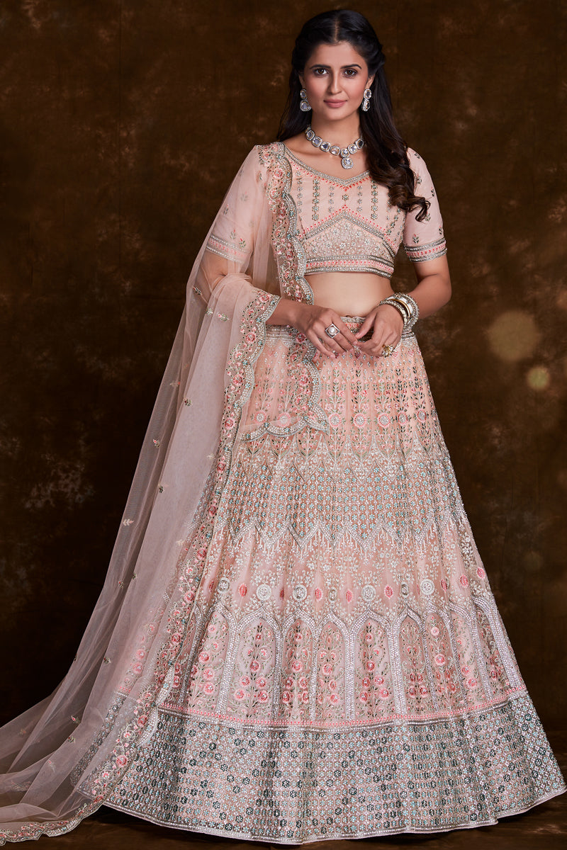 Peach Designer Wedding Lehenga With Embroidery Work On Net Fabric