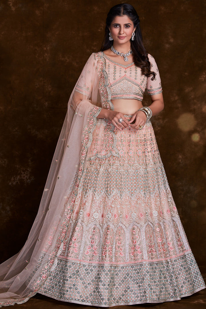 Peach Designer Wedding Lehenga With Embroidery Work On Net Fabric
